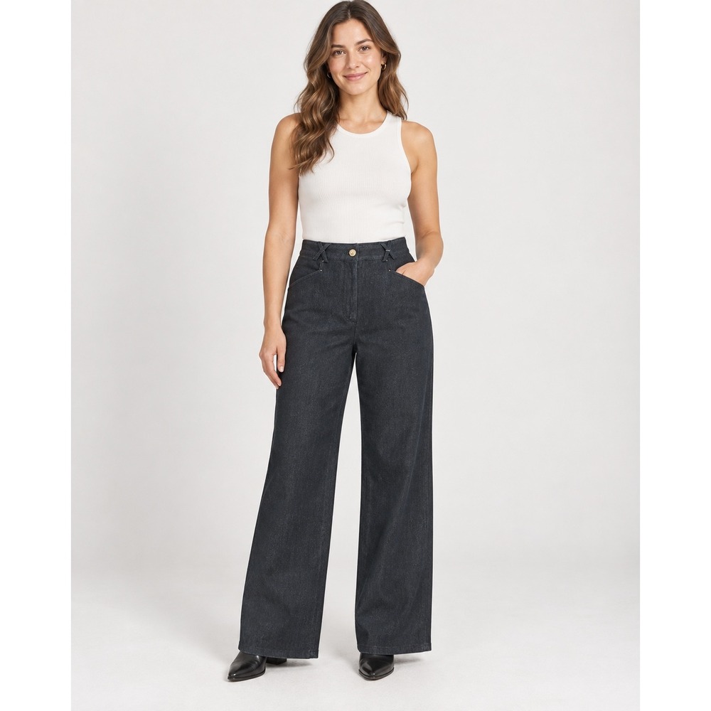 St. John Sport Trousers Womens 6 Dark Wash Wide Leg High Rise Stretch Denim Look